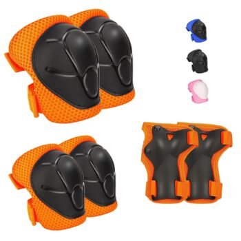 Kids Protective Gear Set - Knee Pads Elbow Pads with Wrist Guards for A 3-12 | 3-in-1 Safety Protective Gear for Skating, Cycling, Biking, Roller Skates, Scooters (Orange, ‎S(3-7Years))